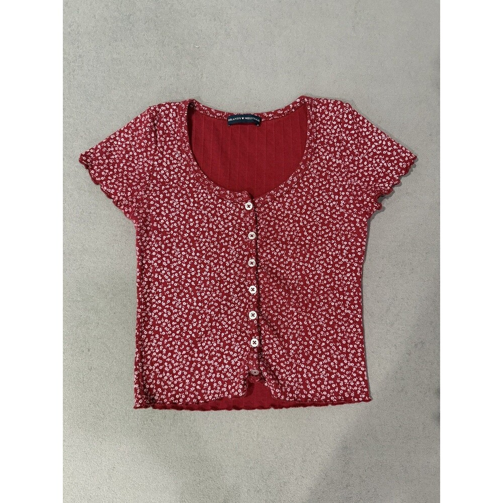 Brandy Melville Red Floral Crop Top Ditsy Print Button Front Lettuce Hem